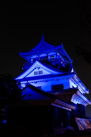 青色にライトアップされた川之江城