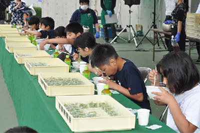 写真：茶そばわんこ大会で茶そばを口に運ぶ子どもたち